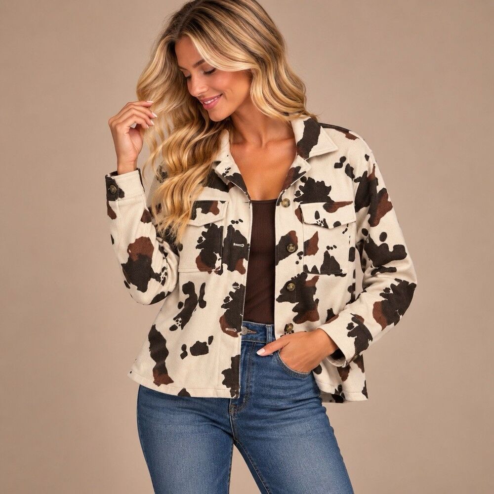 Altard State Cow Print Shacket Jacket Womens S Brown Cream Western Ranch
